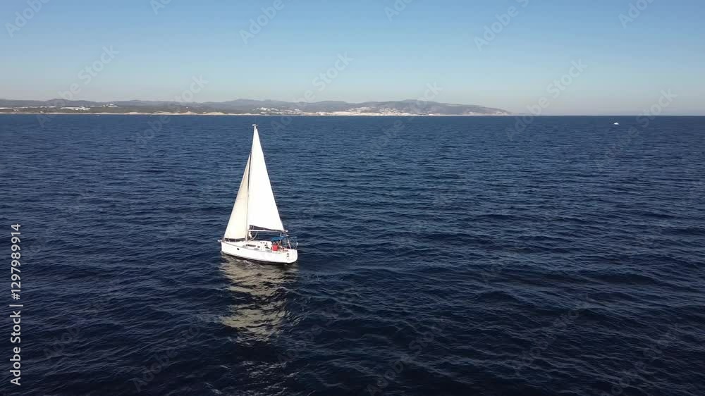 White sailboat navigating calm mediterranean waters White sailboat navigating calm mediterranean waters
