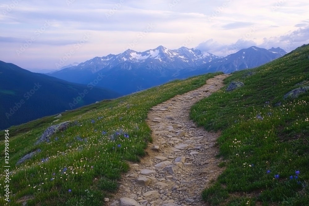 Fototapeta premium Winding path through lush green hills leading to majestic snowy