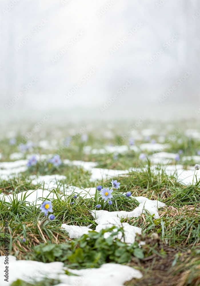 Fototapeta premium Blue wildflowers bloom amid melting snow in a misty meadow.