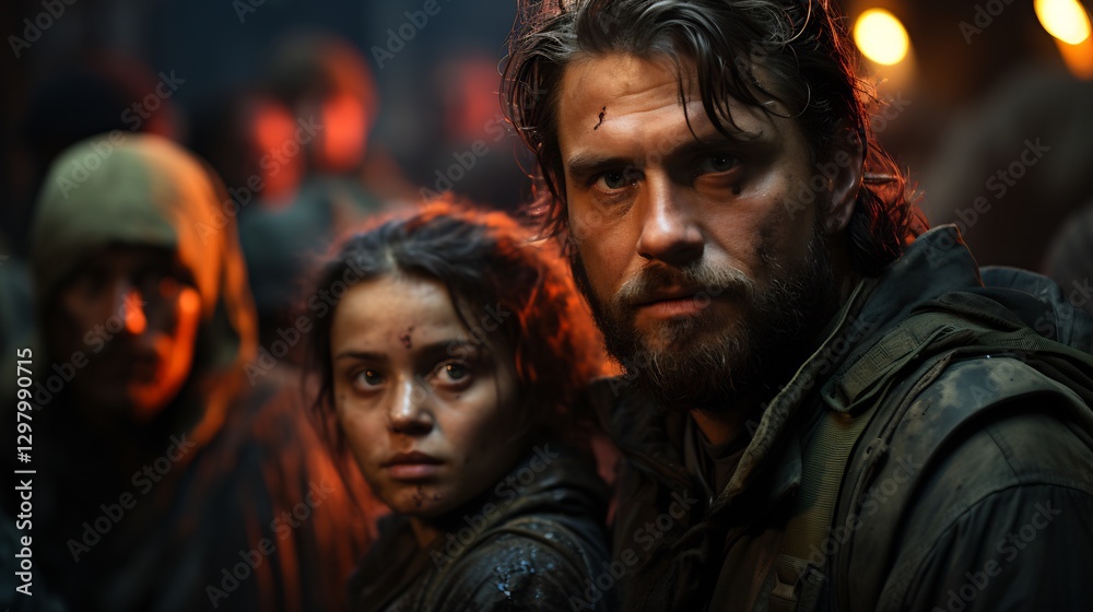 Intense Couple Amidst Dark, Crowded Medieval Setting Intense Couple Amidst Dark, Crowded Medieval Setting