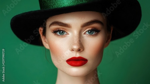 Woman with a big leprechaun hat and red lipstick. 
