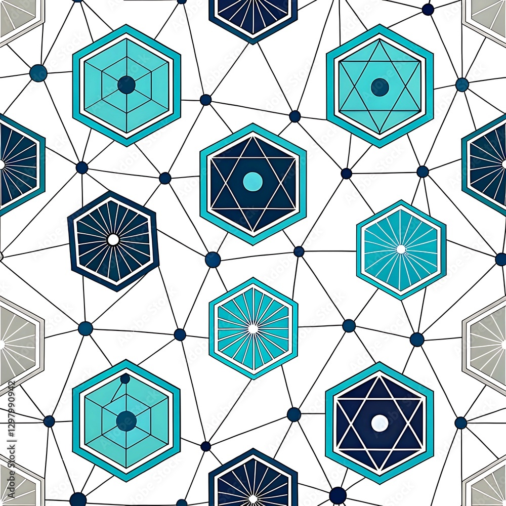 Abstract geometric hexagon network pattern design turquoise blue white background art style print Abstract geometric hexagon network pattern design turquoise blue white background art style print