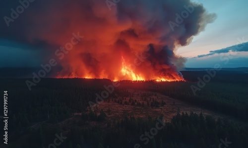 Fiery Forest Fire Inferno Dramatic Night Sky Burning Trees red heat dark view smoke black flames    