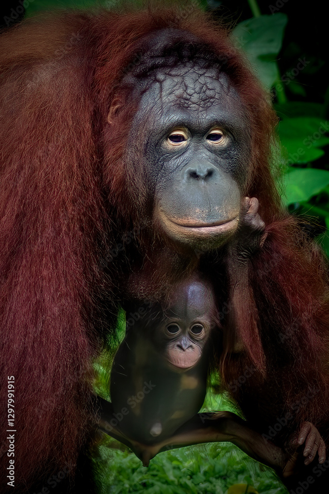 Portrait of the mother and baby Bornean Orangutan Portrait of the mother and baby Bornean Orangutan