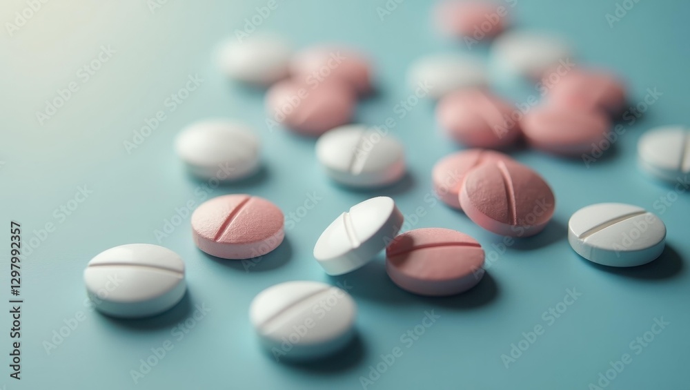 Emgality. Pills are scattered on table and ready to be taken