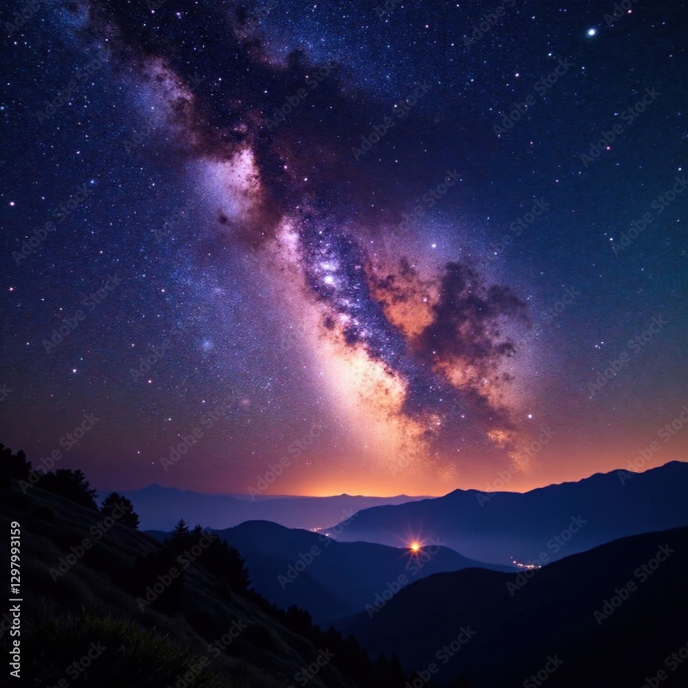Panoramic image of Milky Way with twinkling stars and interstellar gas, stars, gas, starry night Panoramic image of Milky Way with twinkling stars and interstellar gas, stars, gas, starry night