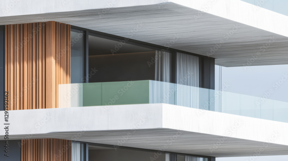 Naklejka premium Modern architectural design showcasing balconies and sleek lines in urban setting