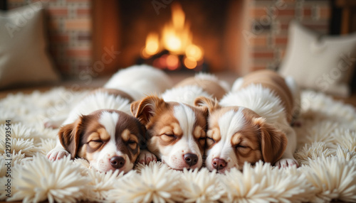 Sleeping puppies on cozy rug near fireplace