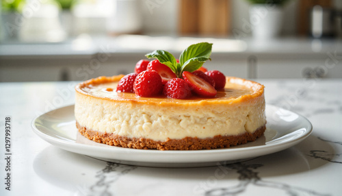 Cheesecake topped with strawberries and mint on a white plate