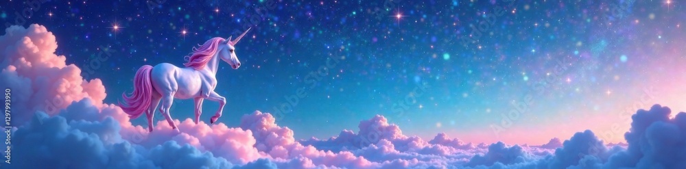Pastel unicorn stands on a cloud under starry night sky with sparkles and glitter , clouds, magical, fantasy Pastel unicorn stands on a cloud under starry night sky with sparkles and glitter , clouds, magical, fantasy