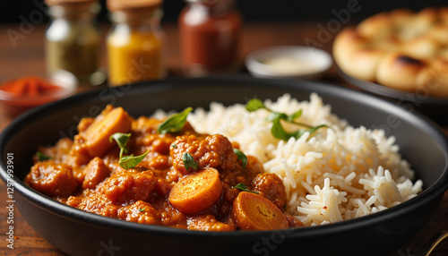 Delicious curry with rice in a stylish bowl