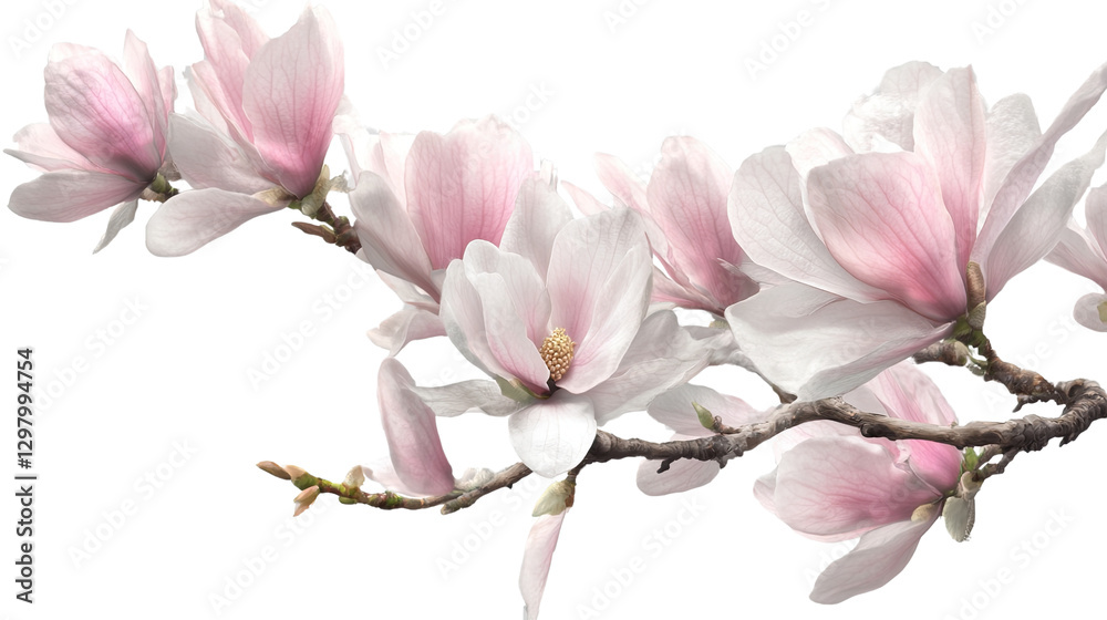 Magnolia's Delicate Blossom: A close-up of a blooming magnolia branch, showcasing its delicate pink and white petals against a soft, ethereal background. Magnolia's Delicate Blossom: A close-up of a blooming magnolia branch, showcasing its delicate pink and white petals against a soft, ethereal background.
