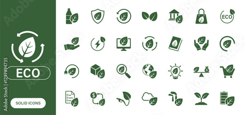 Vector icons representing eco, leaves, natural, and recycled products, designed as solid icons in a minimalist style.
