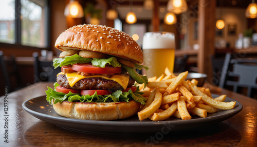 Delicious cheeseburger with fries and beer in cozy restaurant