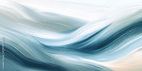 Abstract Teal and White Wave Painting Serene Fluid Brushstrokes on a Beige Background. This modern minimalist artwork evokes a calm ocean scene with