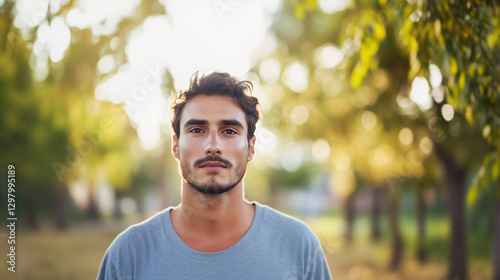 A close-up portrait of a young man with a calm and serious expression, walking outdoors in a peaceful park. His thoughtful gaze is directed at the camera, with soft natural light h