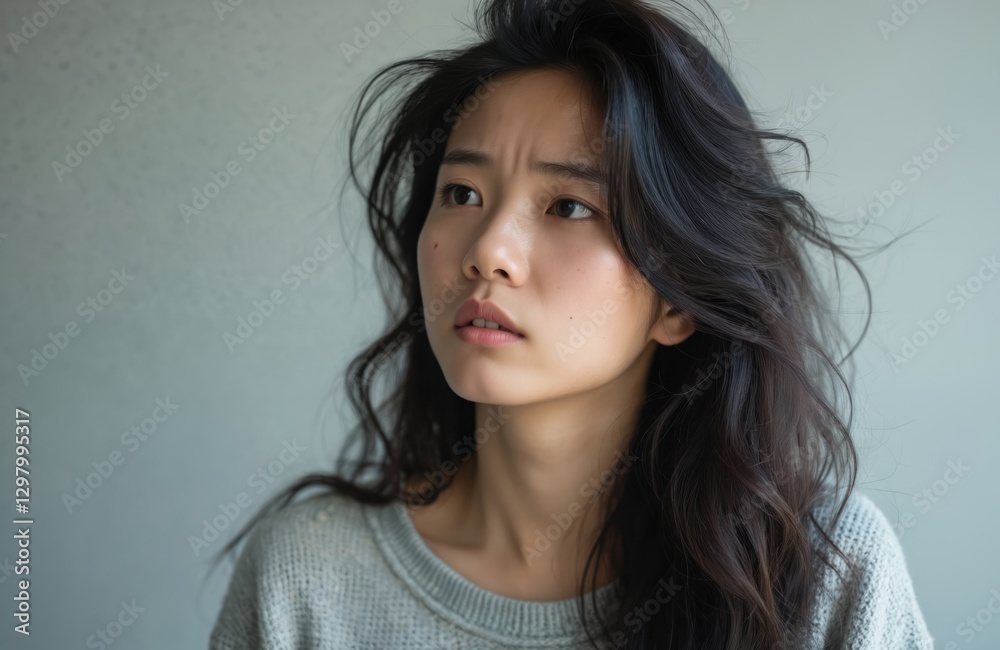 Young Asian woman looks upset with damaged messy dry hair. Frustrated model needs moisturizing, loss treatment. Unhappy girl with bad tangled cleaving ends, unhealthy haircut, feels stress, isolated. Young Asian woman looks upset with damaged messy dry hair. Frustrated model needs moisturizing, loss treatment. Unhappy girl with bad tangled cleaving ends, unhealthy haircut, feels stress, isolated.