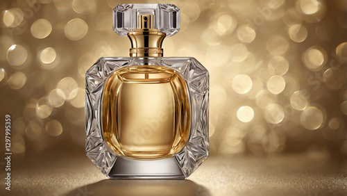 A luxurious perfume bottle with an intricate crystal design, placed on a silky fabric with a subtle shimmer. Soft golden lighting creates delicate reflection
