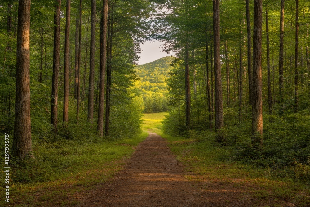 Fototapeta premium Lush forest path leads toward bright clearing, inviting explorat