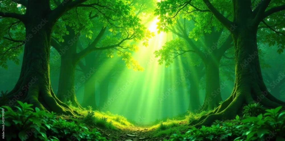 Fototapeta premium Radiant sunlight breaks through leafy forest ceiling revealing vibrant emerald glow, emerald, branches, leaves
