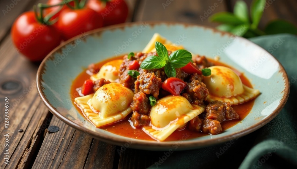 Ravioli filled with beef and vegetables in a rich ragout sauce on a wooden table , ravioli, pasta, wood Ravioli filled with beef and vegetables in a rich ragout sauce on a wooden table , ravioli, pasta, wood