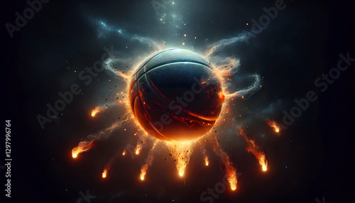 Basketball A surreal, dreamlike scene of a basketball made entirely of fire, hovering in the air like a celesti2 photo