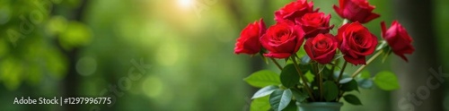 Red roses in a vase, against a tree background , vase, floral, tree