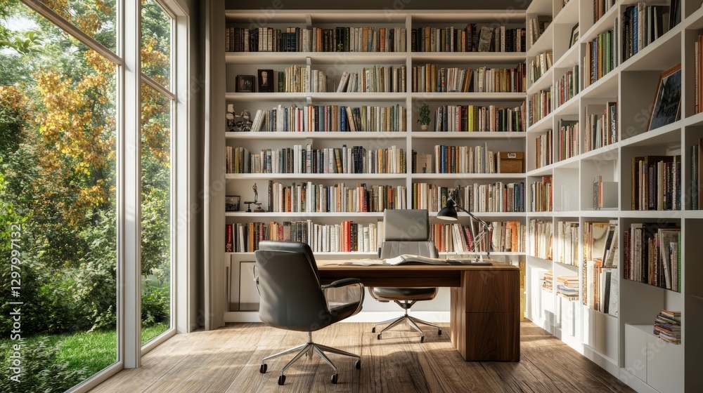 Home office library with floor to ceiling white bookshelves and mid century desk and chair Home office library with floor to ceiling white bookshelves and mid century desk and chair