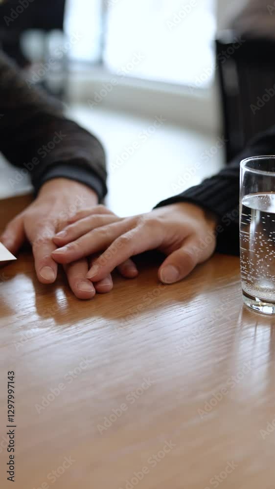 A vertical close up of a gay men couple on a date in a cozy cafe
A close up of a LGBTQ+ couple on a romantic date, a man timidly touching his partner's hand sitting by a table in an urban cafe interio A vertical close up of a gay men couple on a date in a cozy cafe
A close up of a LGBTQ+ couple on a romantic date, a man timidly touching his partner's hand sitting by a table in an urban cafe interio