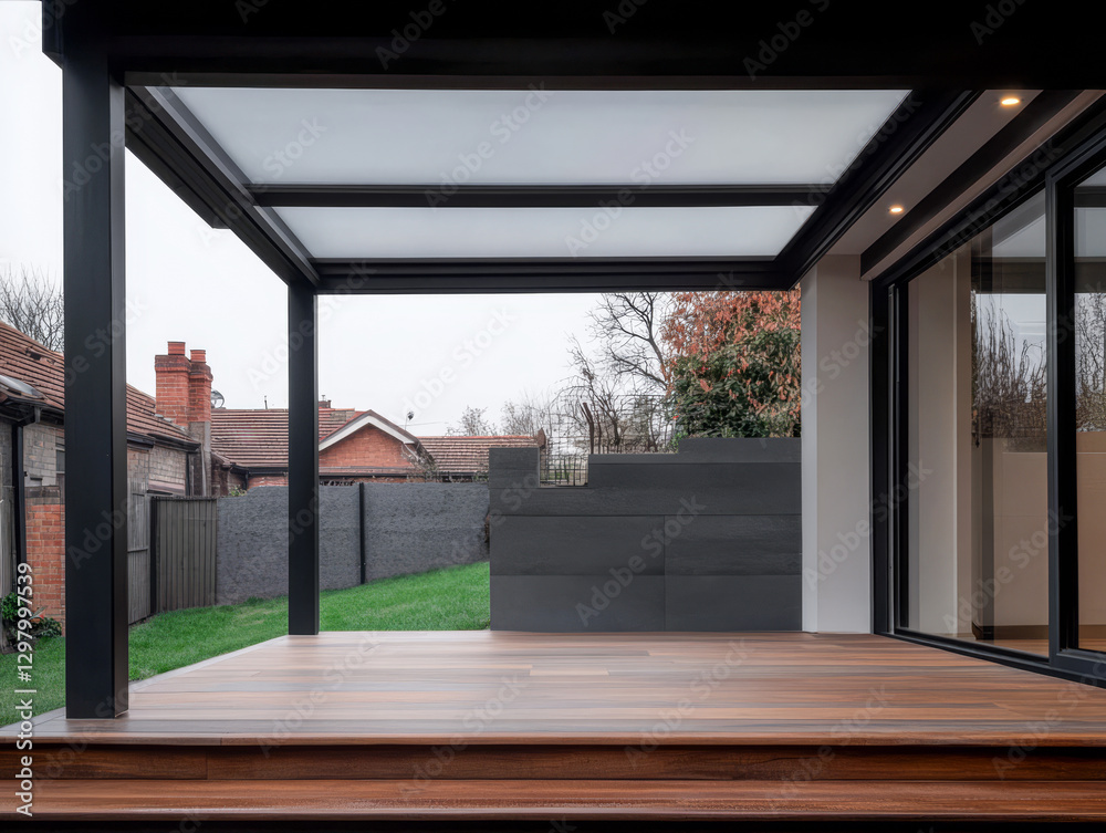 Fototapeta premium Modern outdoor space with sleek design and natural surroundings at dusk
