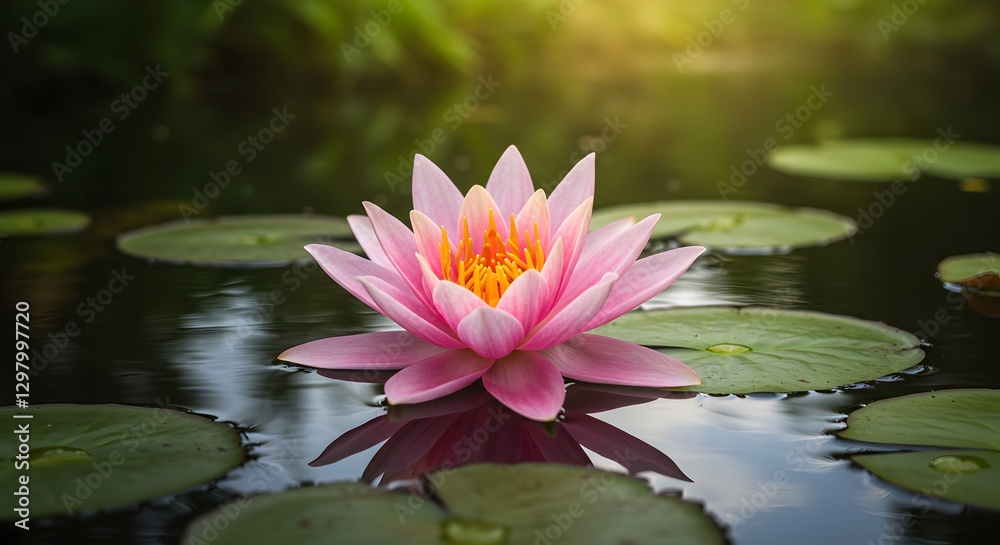 Blooming Pink Lotus Flower Floating on Calm Water with Lily Pads Blooming Pink Lotus Flower Floating on Calm Water with Lily Pads