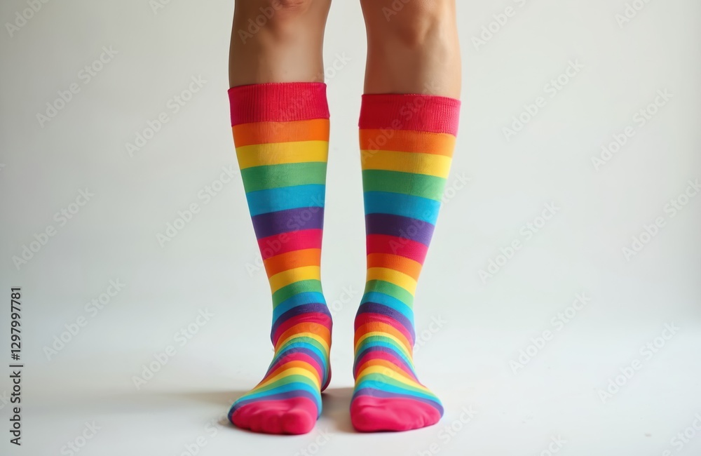 Legs of young woman wearing long rainbow colorful socks on white background. Fashionable female in trendy vivid striped stockings. Casual attire, modern vogue style. Warm fabric clothing for leg Legs of young woman wearing long rainbow colorful socks on white background. Fashionable female in trendy vivid striped stockings. Casual attire, modern vogue style. Warm fabric clothing for leg