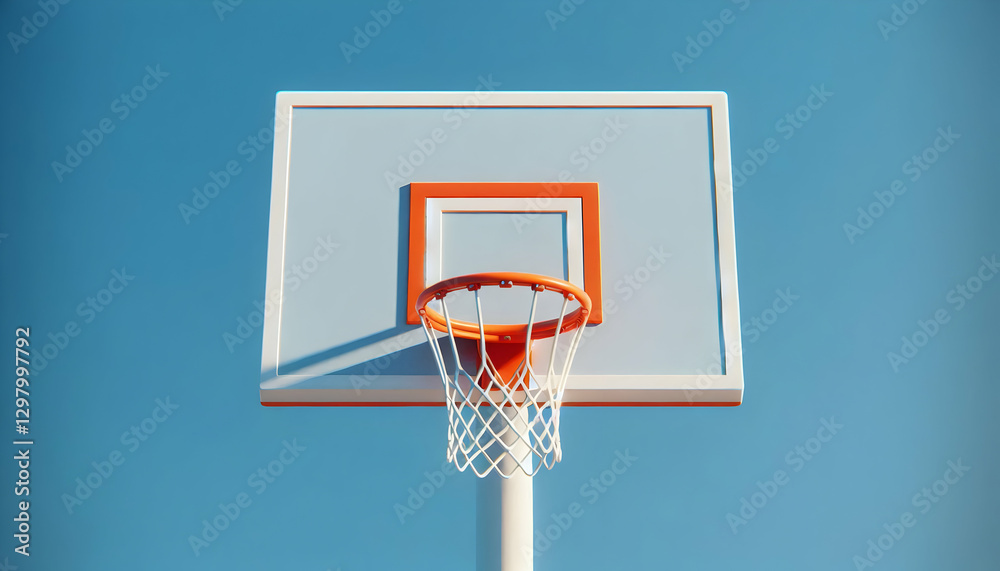 Basketball A minimalist close-up of a basketball hoop and backboard set against a bright blue sky Basketball A minimalist close-up of a basketball hoop and backboard set against a bright blue sky