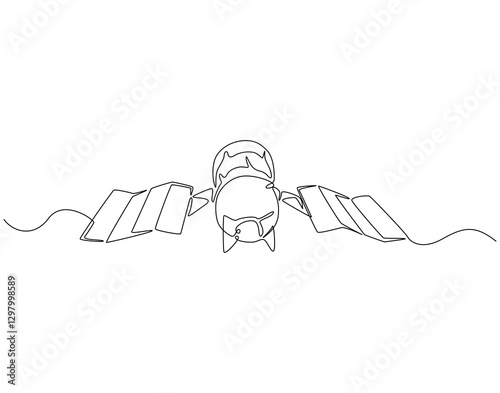 Continuous line drawing of satellite. Single line illustration of satellite in space. Communication technology concept. Editable outline