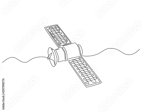 Continuous line drawing of satellite. Single line illustration of satellite in space. Communication technology concept. Editable outline