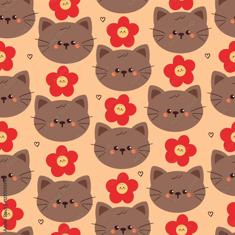 Obraz premium seamless pattern cute cartoon cat and flower character. animal pattern for wallpaper, background and gift wrap paper