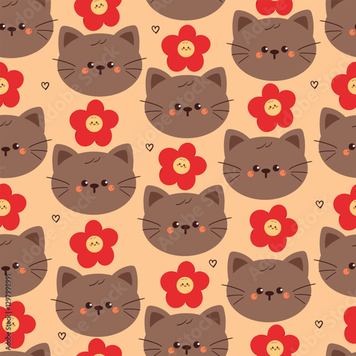 seamless pattern cute cartoon cat and flower character. animal pattern for wallpaper, background and gift wrap paper