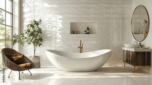 Wallpaper Mural immaculate white ceramic tiles in an opulent bathroom. elegant, contemporary style that adds visual interest with delicate shine and textural variations Torontodigital.ca