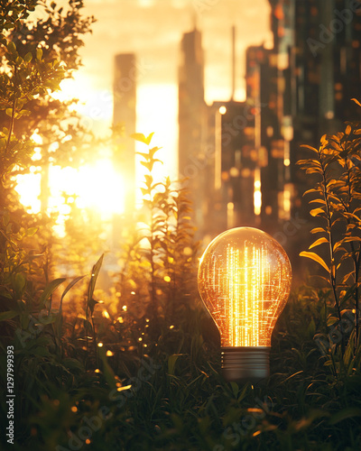 A sparkling lightbulb stands in a lush field, embodying the harmony of sustainability and progress.