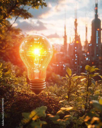A warm lightbulb illuminates a green landscape, symbolizing the future of clean energy.