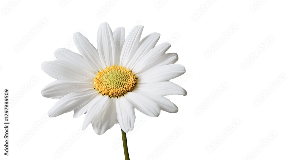Fototapeta premium Daisy's Delicate Display: A pristine daisy with radiant white petals and a golden center, captured in perfect detail, embodies purity and natural beauty.