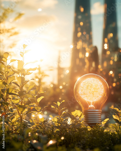 A golden lightbulb radiates in an urban garden, representing the connection between ecology and science.