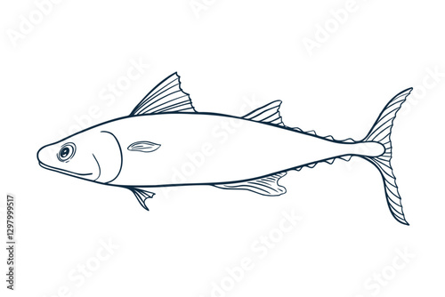Mackerel black white vector illustration. Wahoo sea fish sketch hand drawn. Skipjack tuna painted ink linear art. Sardine drawing in graphic outline. Design element for package, label, sign board.