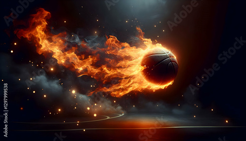 Basketball A cinematic, side-angle view of a flaming basketball soaring through the air, leaving behind a trail4 photo