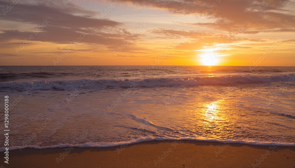 A golden sunset over the ocean, with gentle waves washing onto the shore, creating a peaceful and serene atmosphere. A golden sunset over the ocean, with gentle waves washing onto the shore, creating a peaceful and serene atmosphere.