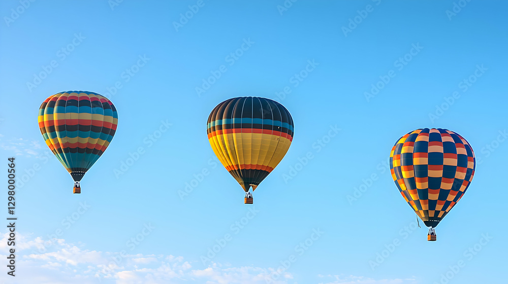 Obraz premium Three Colorful Hot Air Balloons Ascending In Bright Blue Sky