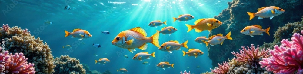 Naklejka premium School of colorful fish swimming in ocean waves, blue, fish, wave