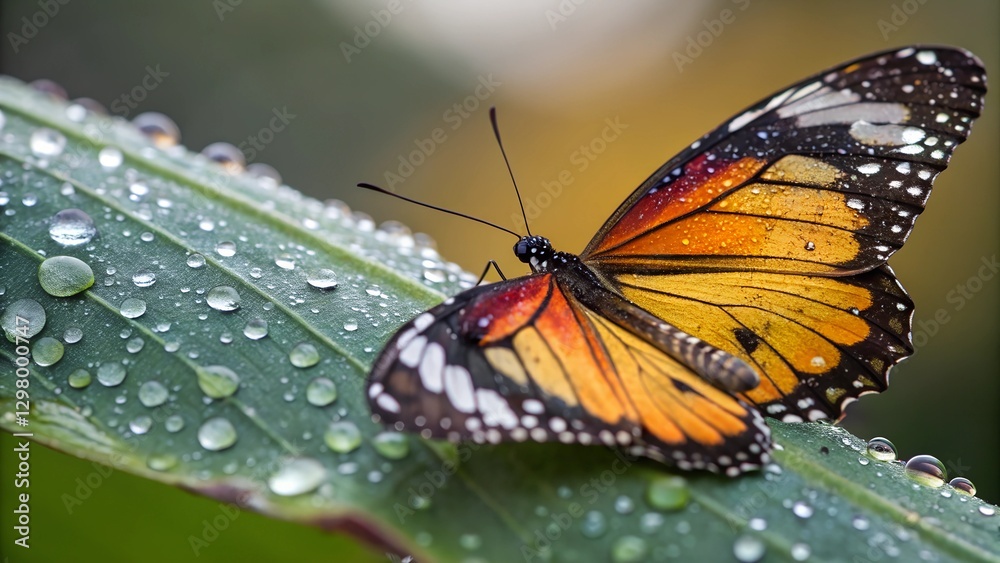 Fototapeta premium Monarch Butterfly on Leaf: Capturing the beauty of a monarch butterfly perched gracefully on a dew-kissed leaf. Vivid colors and intricate patterns of nature.