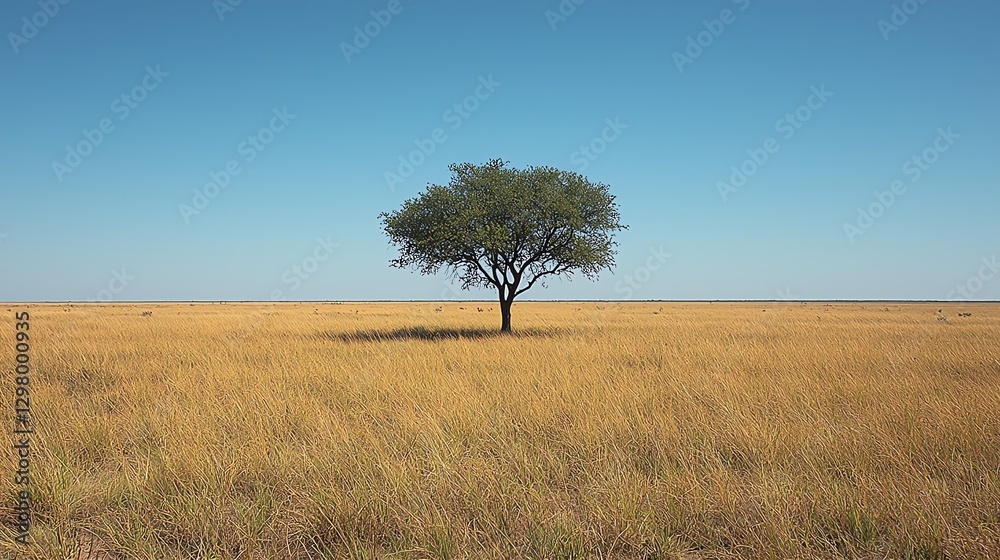 A solitary tree stands in a golden grassland under a clear blue sky, embodying tranquility. A solitary tree stands in a golden grassland under a clear blue sky, embodying tranquility.