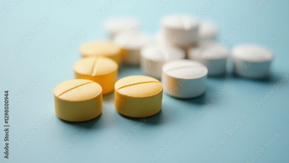 Snris. Pills are arranged on blue surface with few white ones Snris. Pills are arranged on blue surface with few white ones